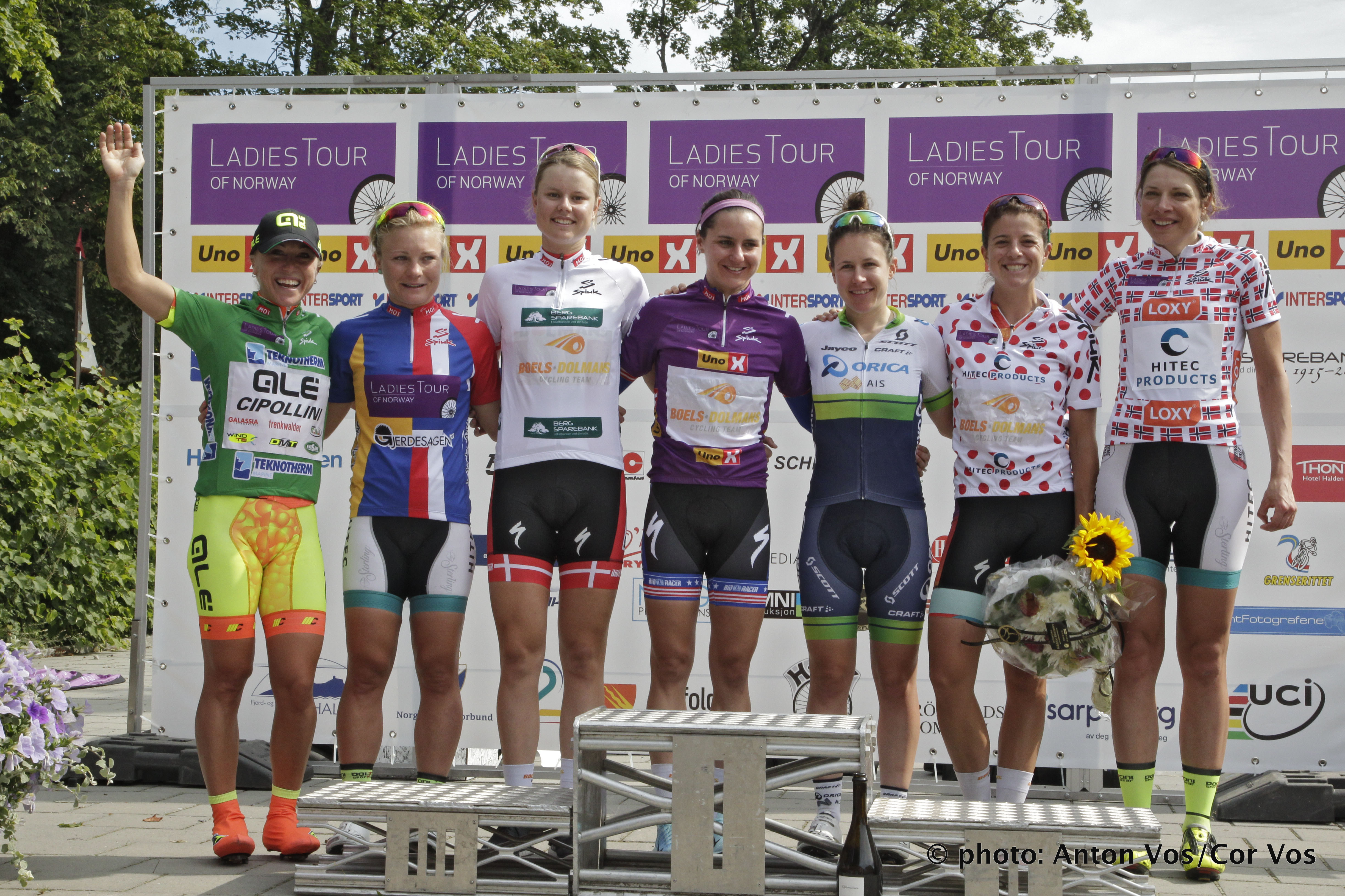 Halden - Norway - wielrennen - cycling - radsport - cyclisme -  Guarnier Megan of Boels Dolmans Cycling Team - Olds Shelley of Ale Cipollini (ITA) Moberg Emilie of Hitec Products - Dideriksen Amalie of Boels Dolmans Cycling Team - Spratt Amanda of Orica AIS Stevens Evelyn of Boels Dolmans Cycling Team - Heine Vita of Hitec Products pictured during  stage - 2 of the Ladiestour of Norway 2015 - photo Anton Vos/Cor Vos © 2015